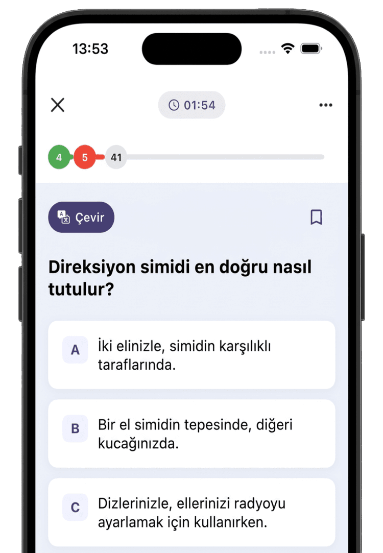 CDL Help uygulaması mobil cihazda bir alıştırma testi sorusu gösteriyor