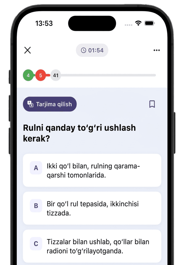 Amaliy test savolini ko'rsatayotgan mobil qurilmadagi CDL Help dasturi