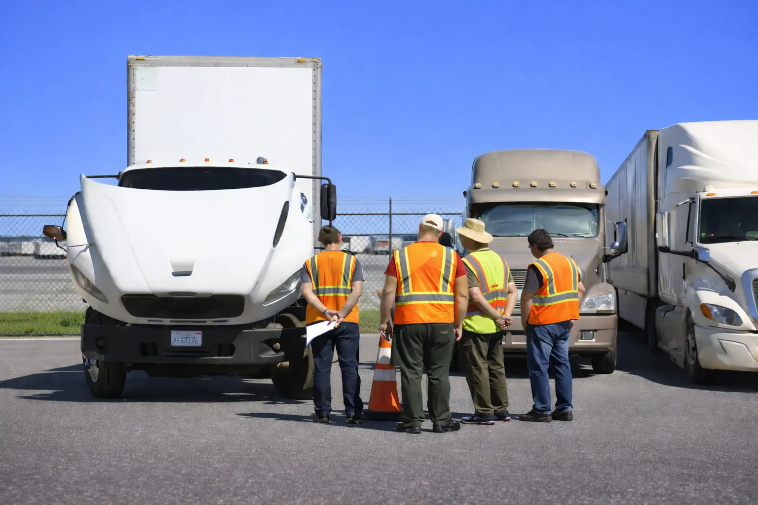 CDL training yard with trucks and students