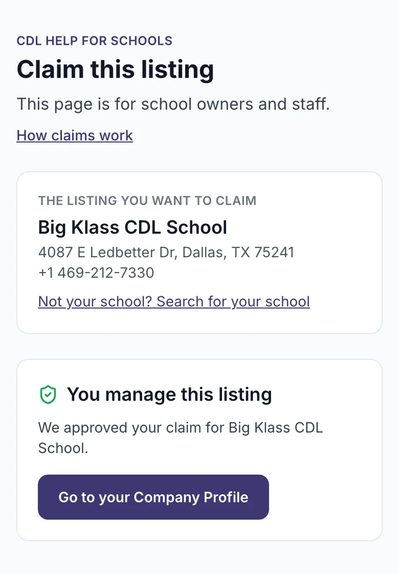 The claim page after approval, with the Go to your Company Profile button marked