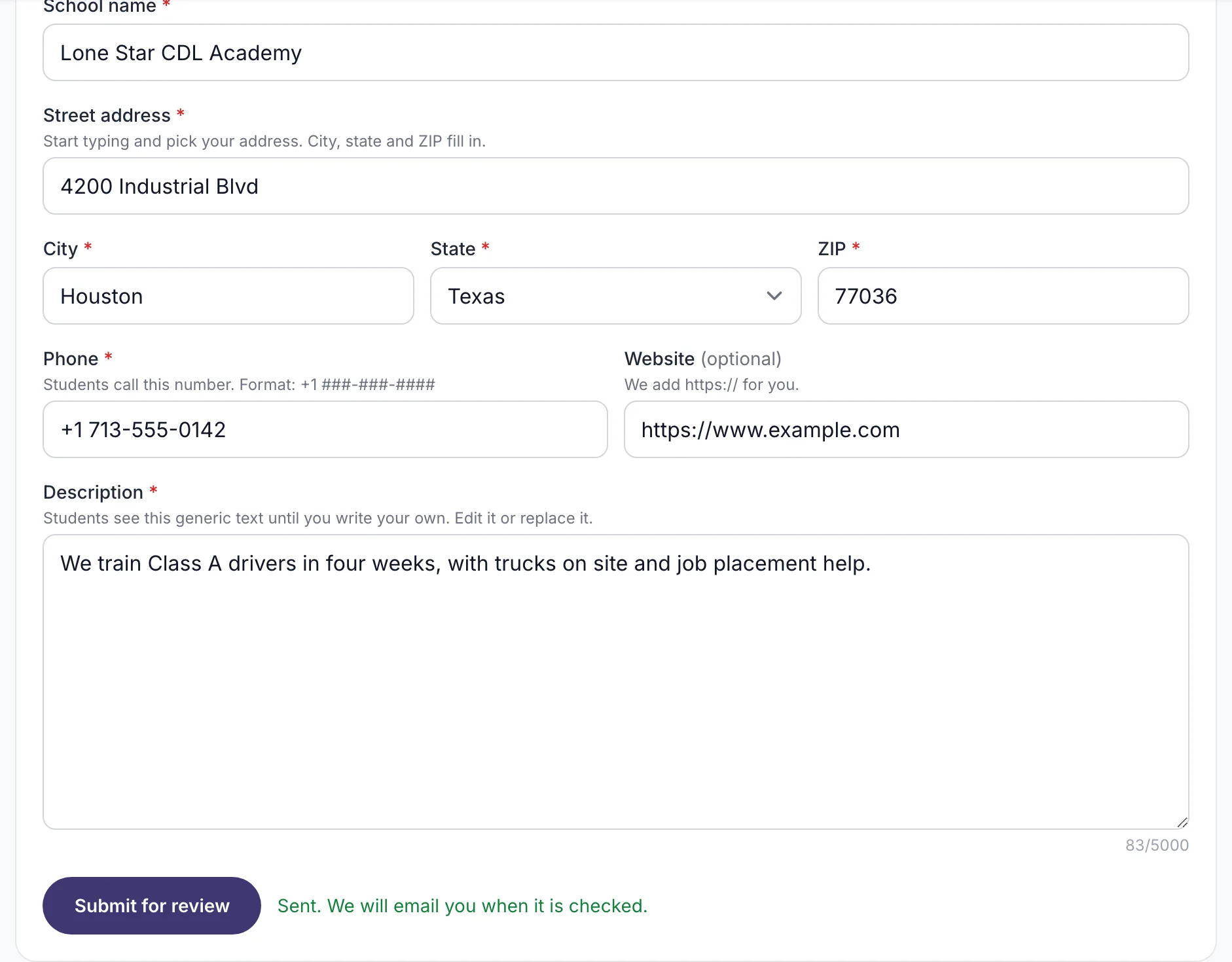 The Basics tab with the Waiting for review status marked