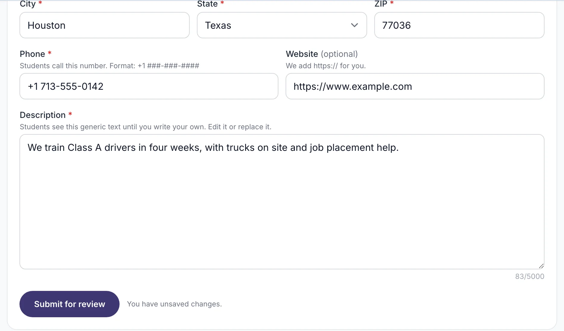 The Basics tab with the description field and the Submit for review button marked