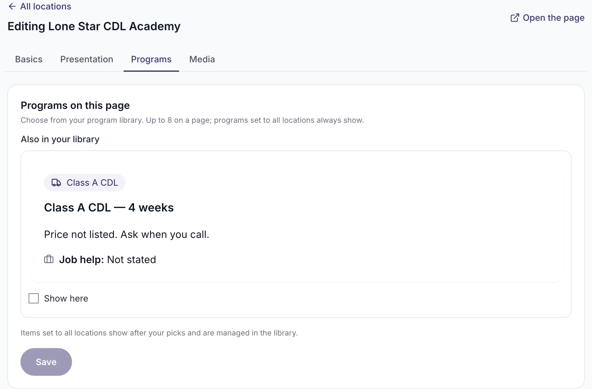 A location's Programs tab with the Show here checkbox marked next to a library program
