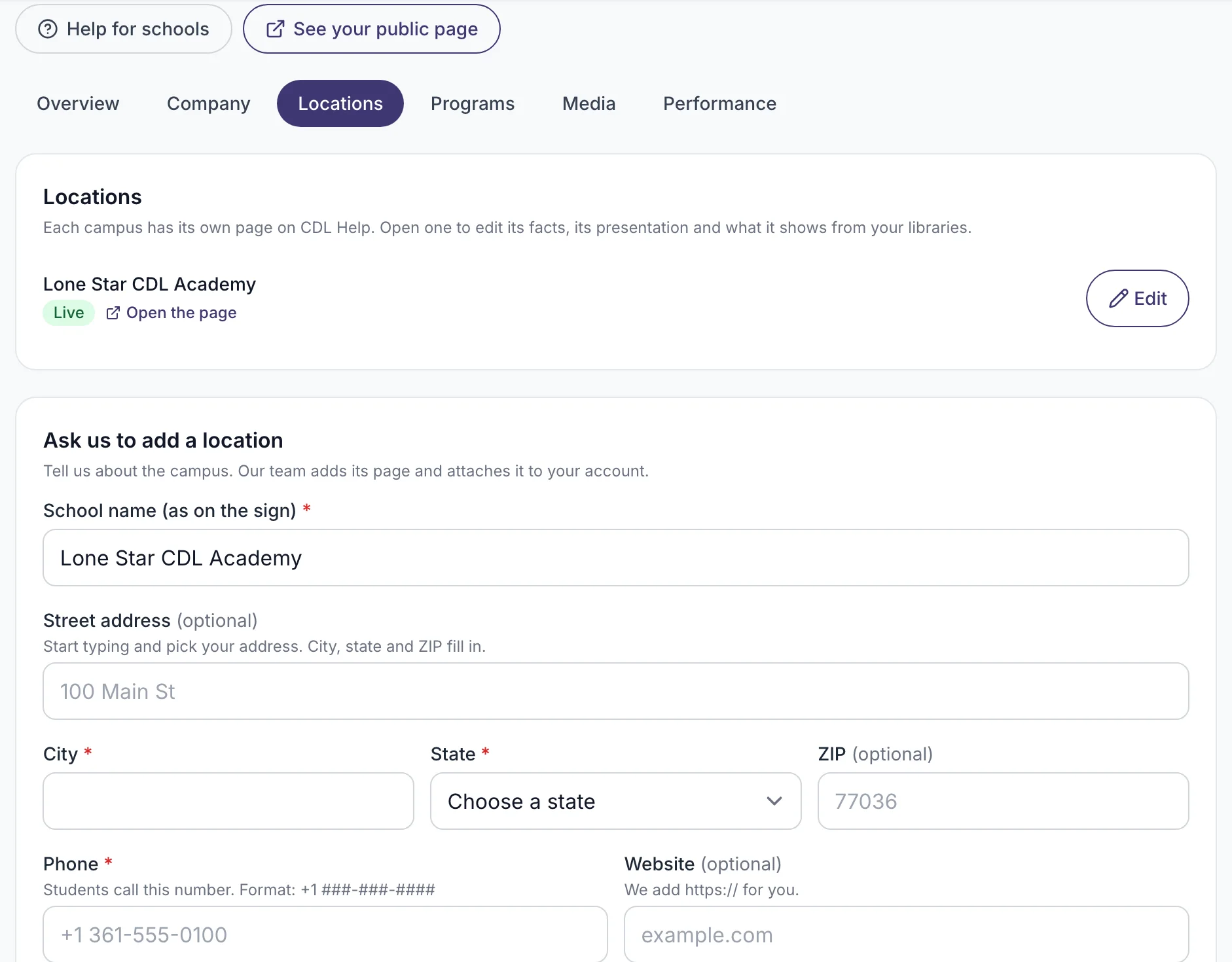 The Add a location form with the campus details