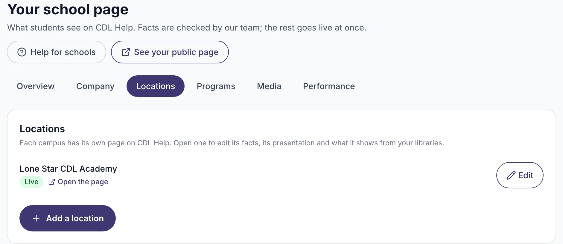 The Locations section with the Edit button marked next to a location