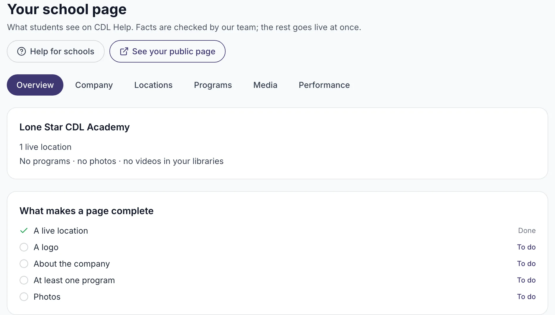 Your school page with the section menu marked: Overview, Company, Locations, Programs, Media, Performance