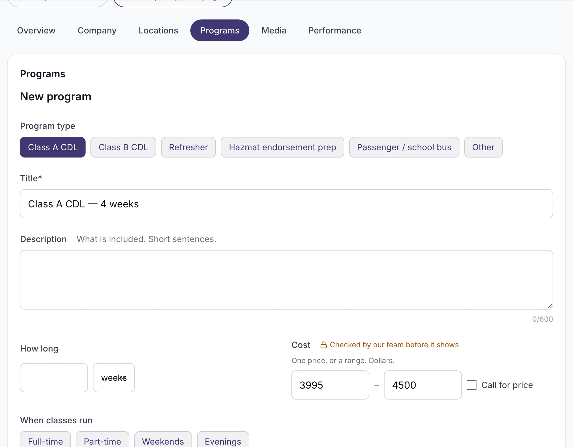 The Add a program form with the title, price from, price to and Save program fields marked