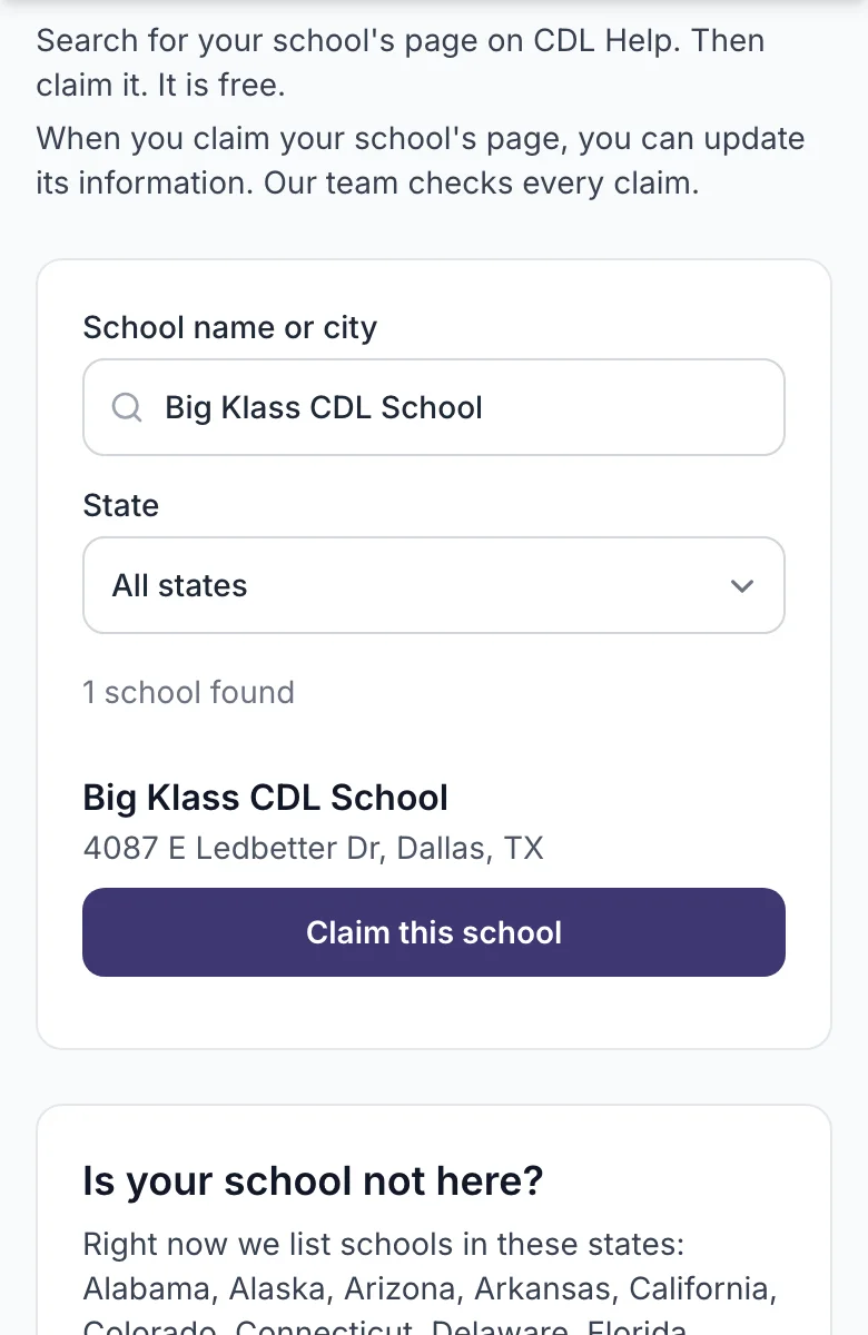 The Find your school page with a school name typed in the search box and the matching school in the list