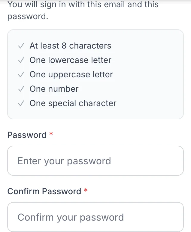 The password step with the password field and the Continue button marked