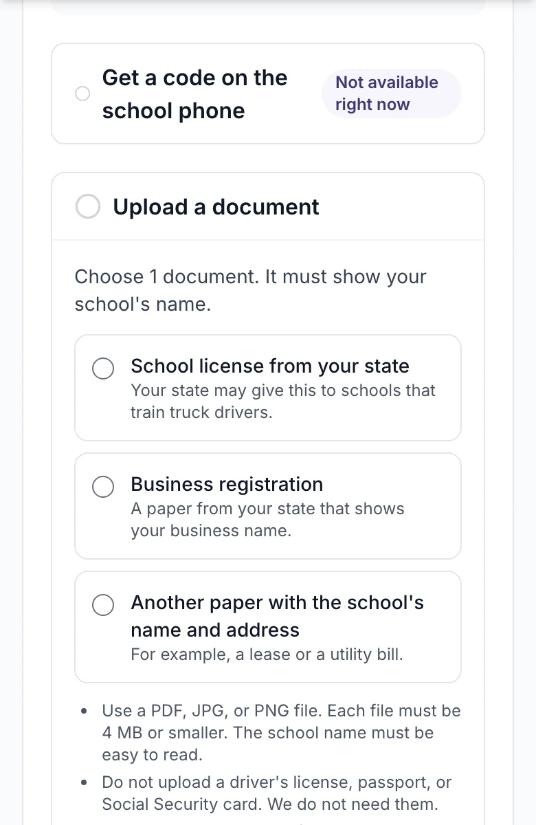 The proof step with the document type selected and the Choose file button marked