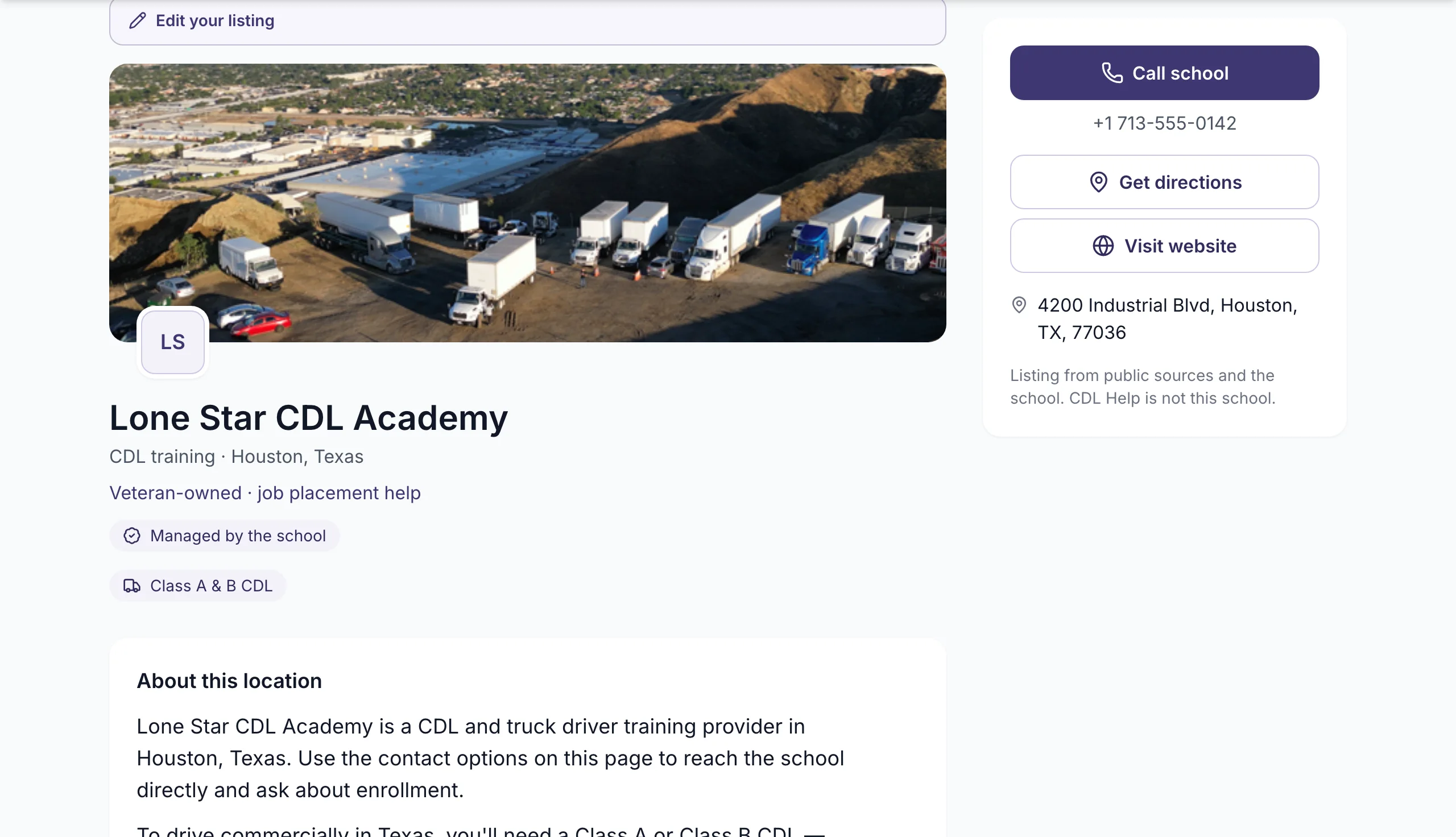 The public listing with the tagline under the school's name marked